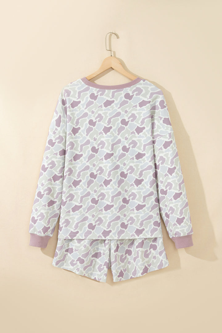 Green Camouflage Waffle Knit Long Sleeve Top Casual Shorts Set