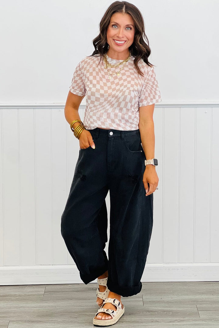 Checkered Print Mock Neck Mesh T Shirt