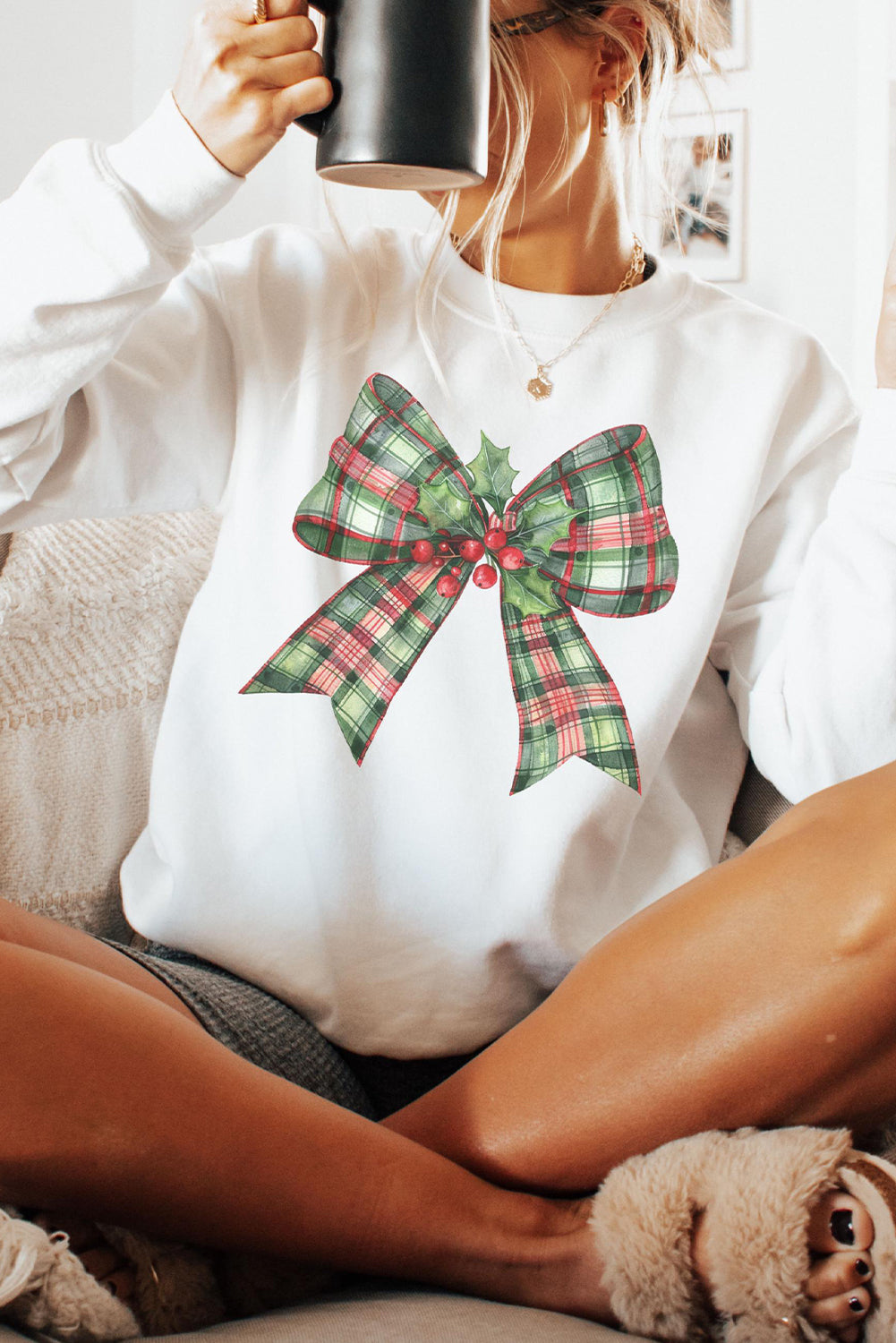 Beige Plaid Bow Graphic Christmas Crewneck Sweatshirt