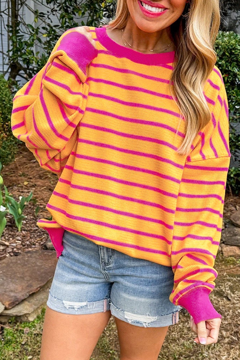 Stripe Trimmed Round Neck Drop Shoulder Loose Sweater