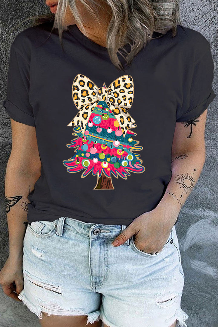 Leopard Bow Christmas Tree Printed Plus Size T Shirt