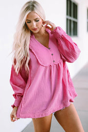 Pink Retro Frilled Seam Crinkle Puff Sleeve Blouse -