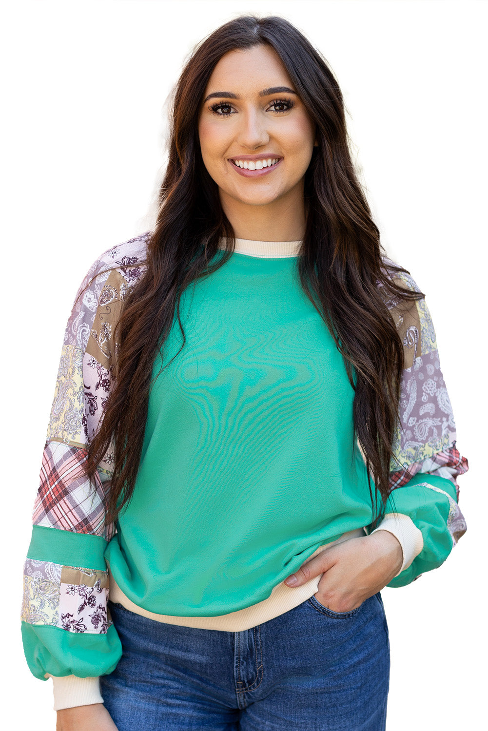 Isolated product view of Aruba Blue Plaid Vintage Paisley Patchwork Long Sleeve Raglan Top on white background. Available at Faith & Co. Boutique.
