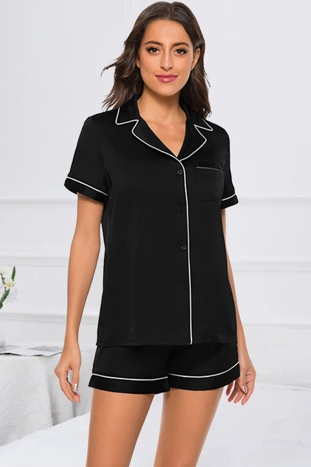 Printed Button Up Short Sleeve Top and Shorts Lounge Set - Black / S