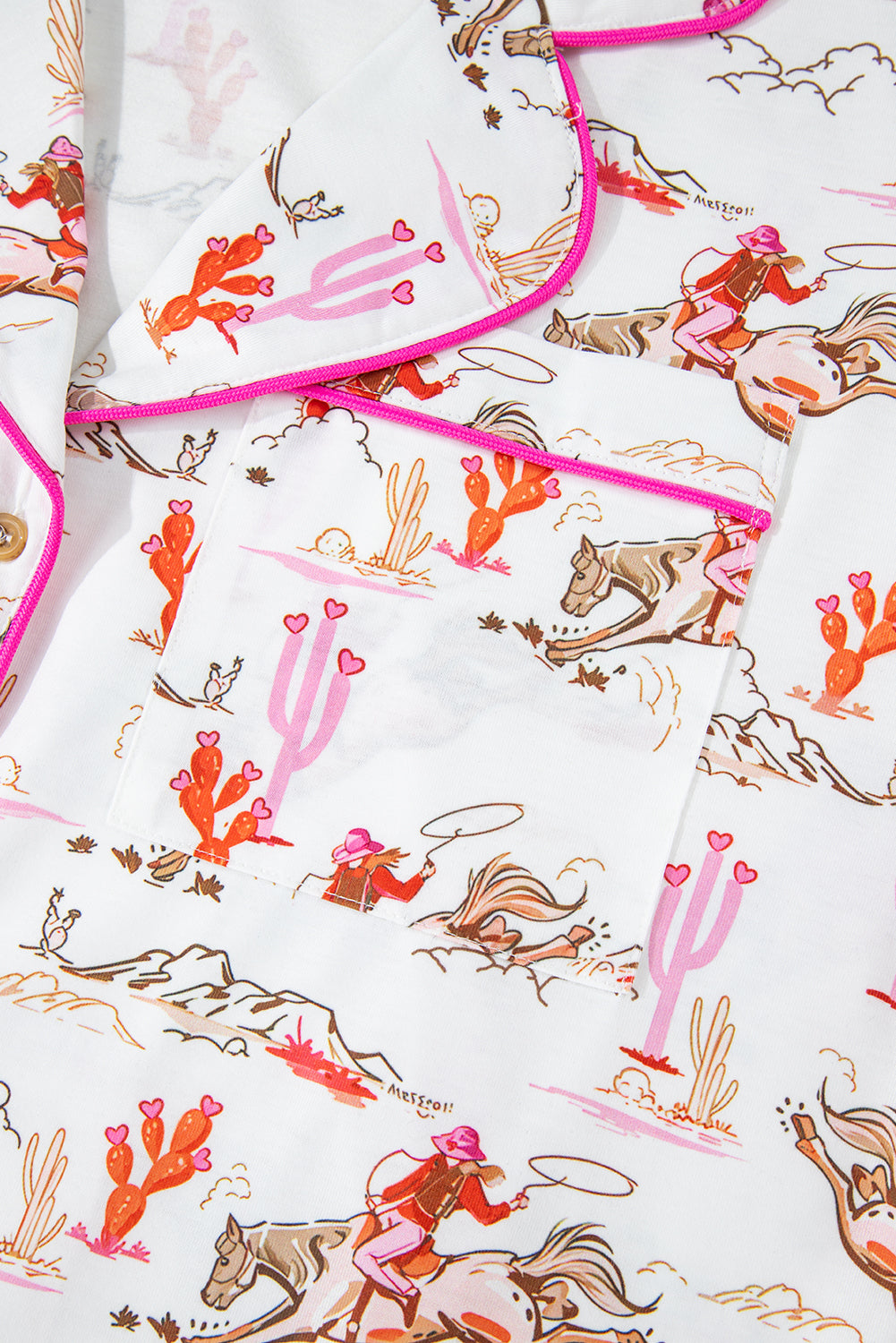 Interior seam detail of White Cowgirl Country Print Pajamas Set showing quality stitching. Shop White Cowgirl Country Print Pajamas Set at Faith & Co. Boutique.