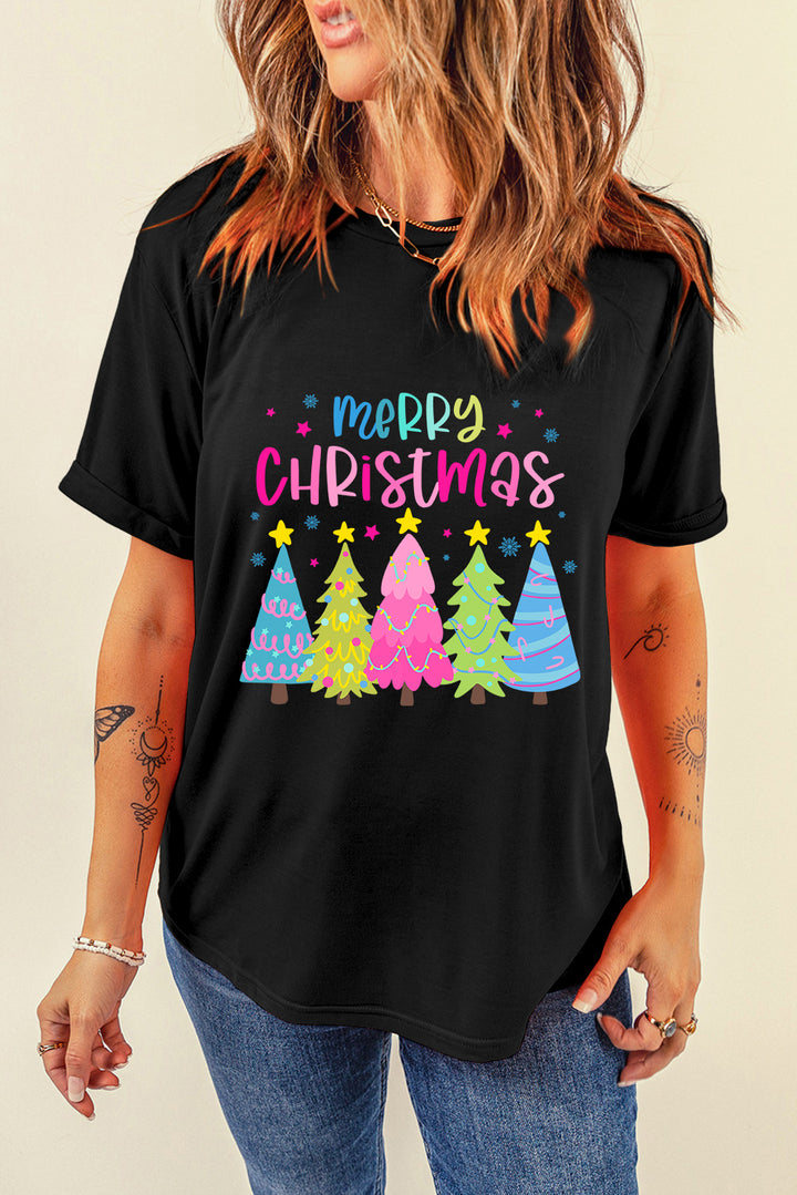 Black Merry Christmas Trees Print Crew Neck Loose T Shirt