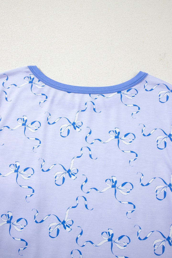 Sky Blue Bow Printed Ruffled Short Lounge Set