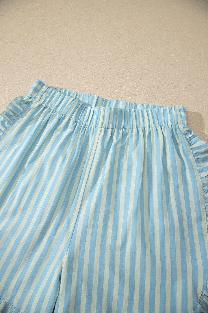 Stripe Elastic Waist Ruffle Trim Casual Shorts