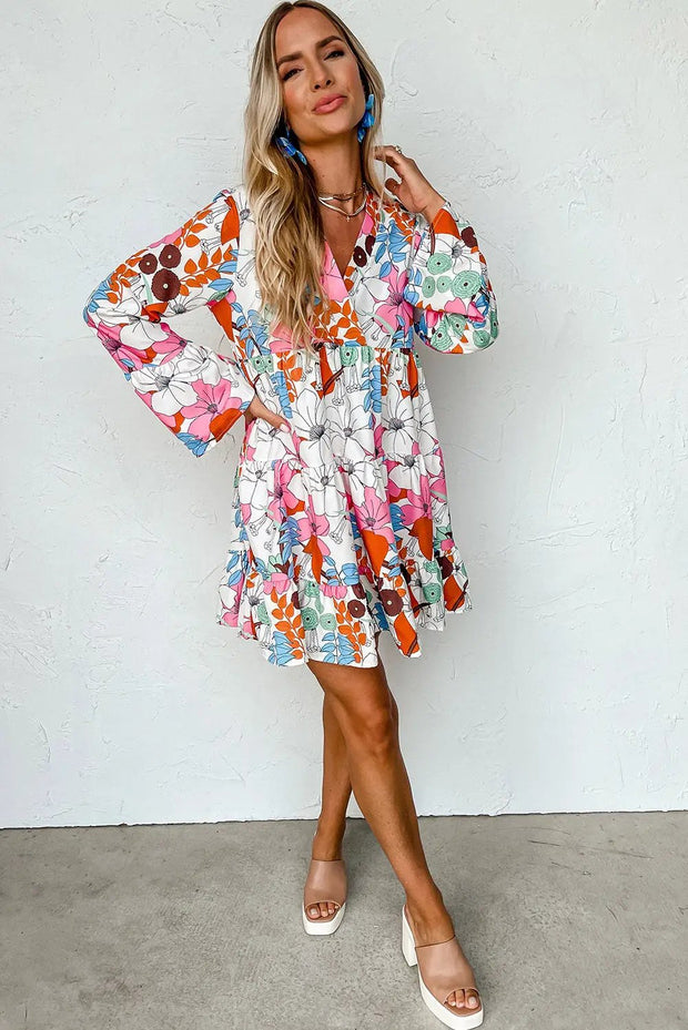 White Floral V Neck Tiered Ruffle Short Dress -