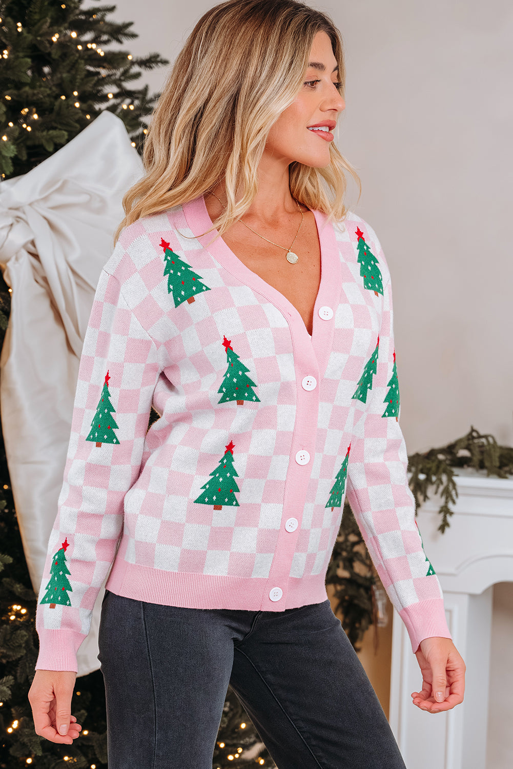 Checkered Christmas Tree Pattern Button V Neck Cardigan Sweater