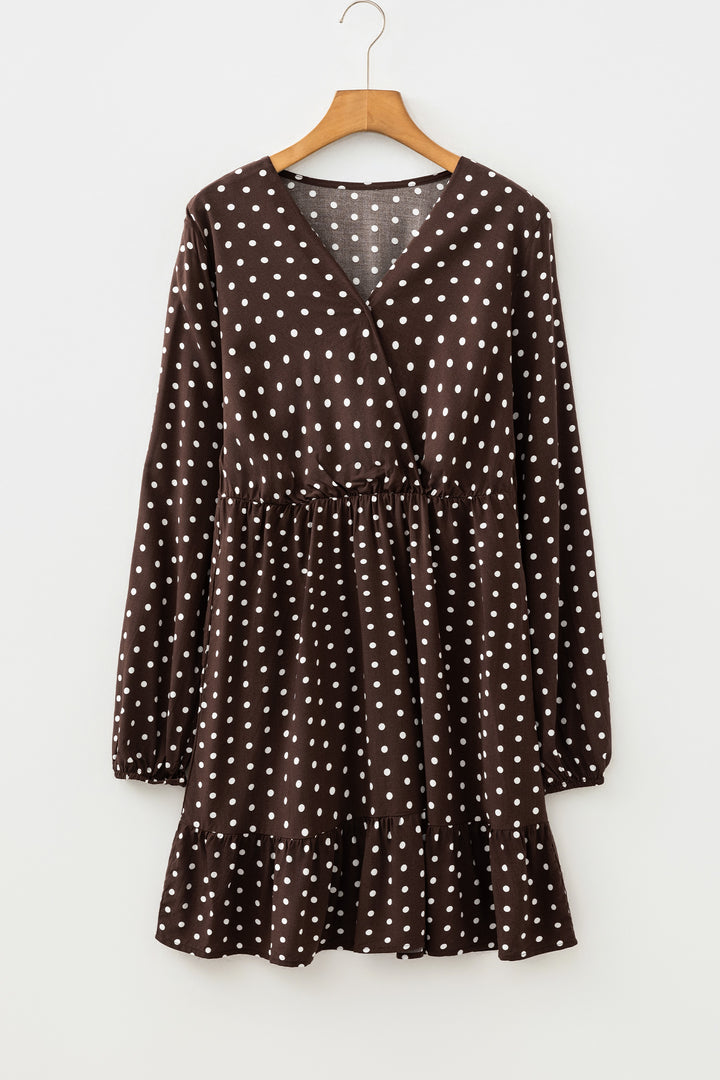 Chicory Coffee Polka Dot Long Sleeve Wrap V Neck Ruffle Hem Mini Dress