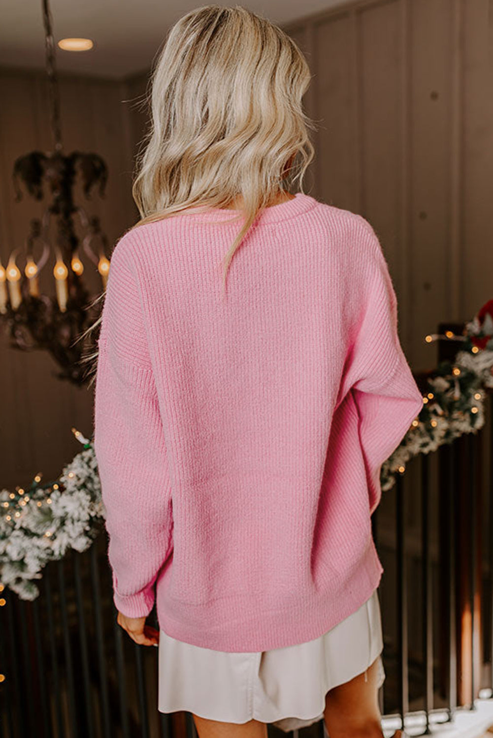 Pink Merry Candy Cane Puffy Knit Crew Neck Sweater