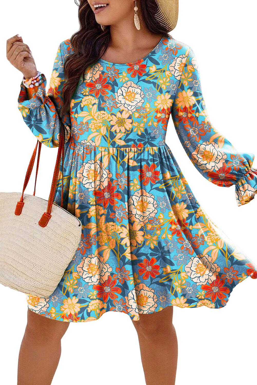 Blue Plus Size Floral Ruffled Long Sleeve Flowy Mini Dress