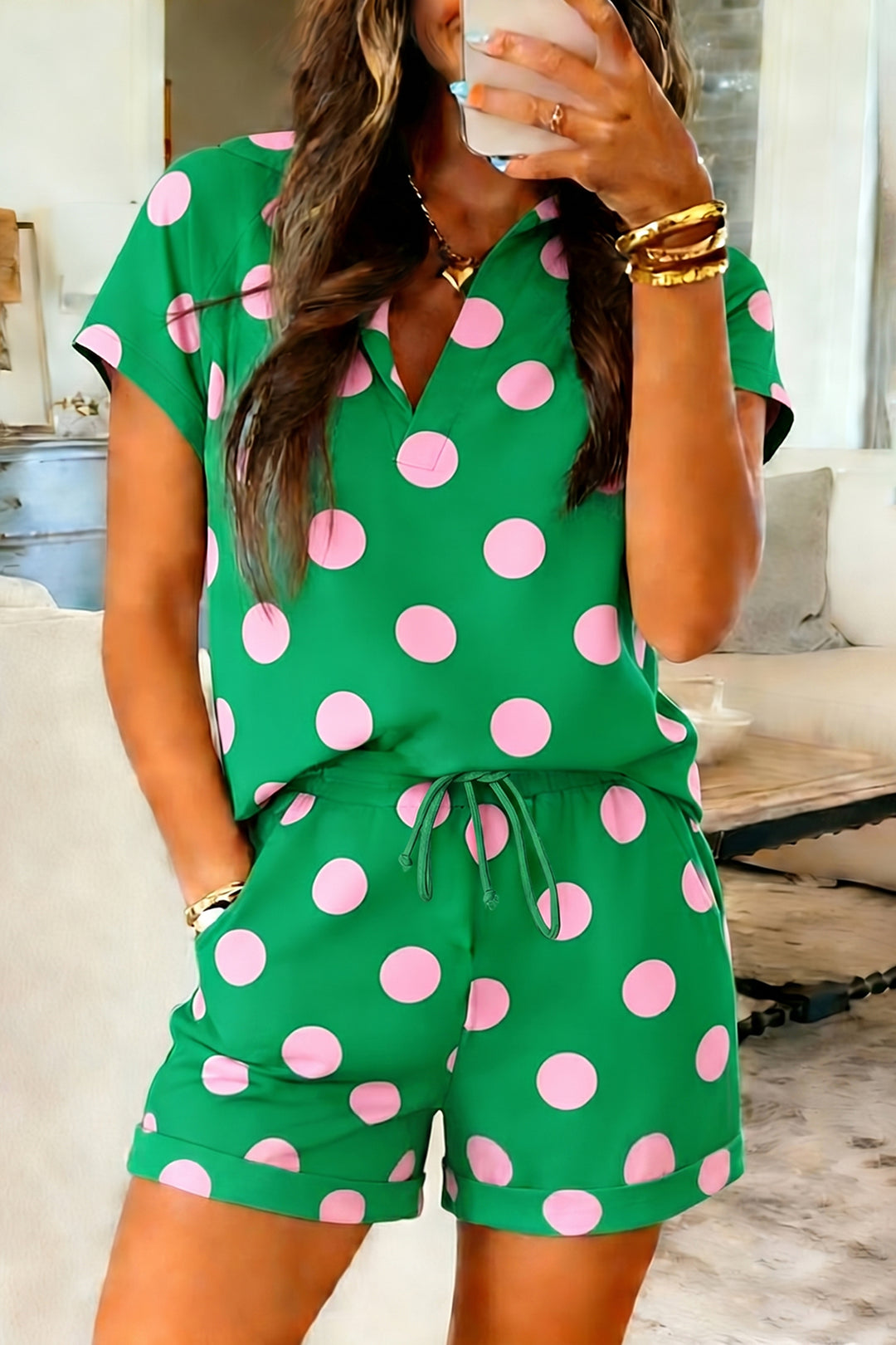 Polka Dot Print V Neck Tee Short Set