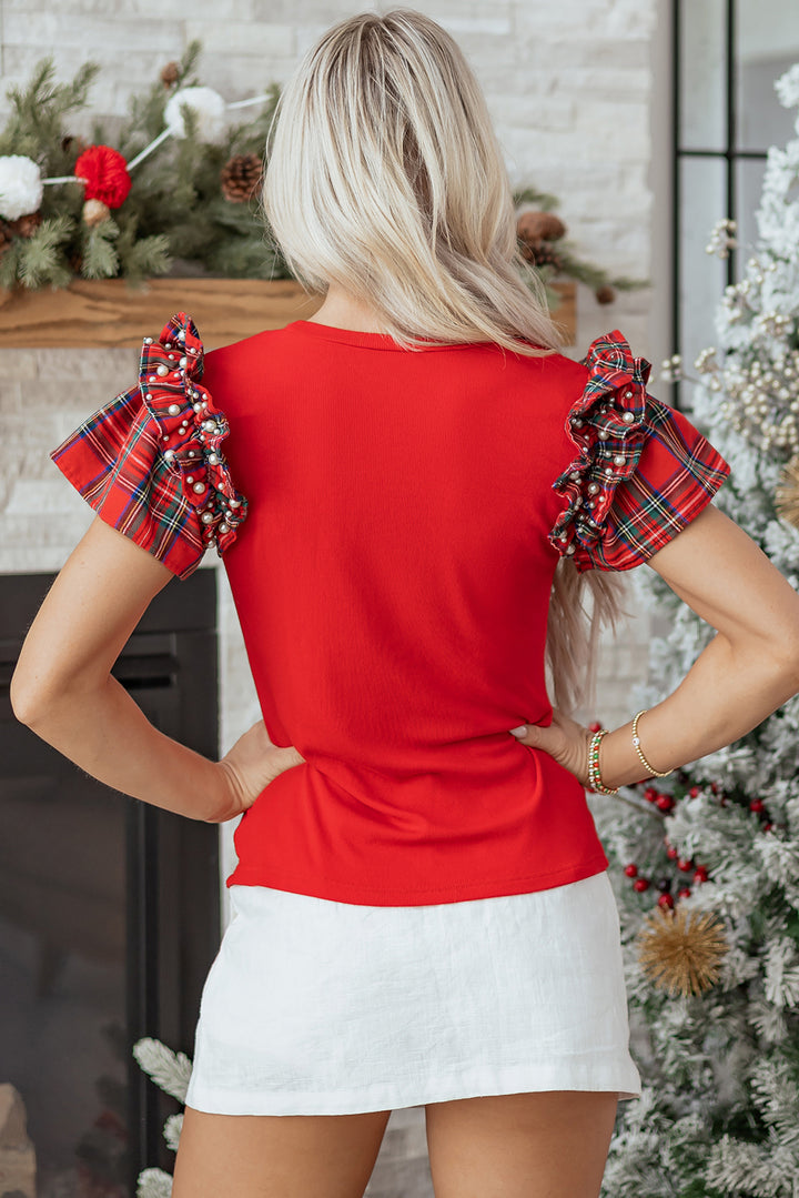 Plaid Pearl Ruffle Short Sleeve Loose T Shirt