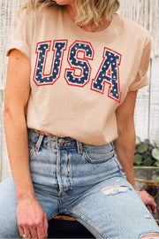 Khaki 4th Of July Starry USA Letter Graphic T Shirt - Khaki / S