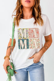 a woman wearing a t - shirt with the word ma ma on it