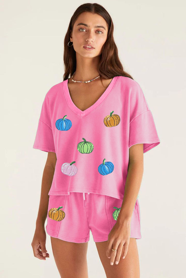 Bonbon Sequin Halloween Pumpkin Pattern V Neck Tee and Drawstring Shorts Set