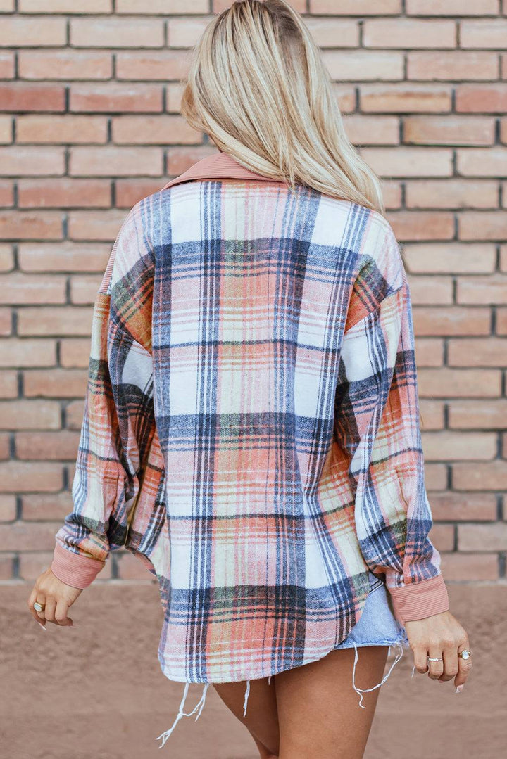 Back view of light cinnamon plaid corduroy patchwork shacket showing relaxed fit and soft texture. Fall favorite at Faith & Co. Boutique.