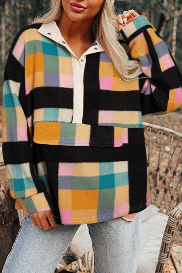 Plaid Print Pocketed Half Button Collared Sweatshirt