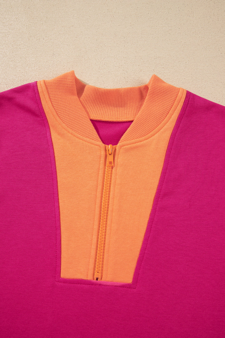 Color Block Accent Half Zip Top Athleisure Shorts Set