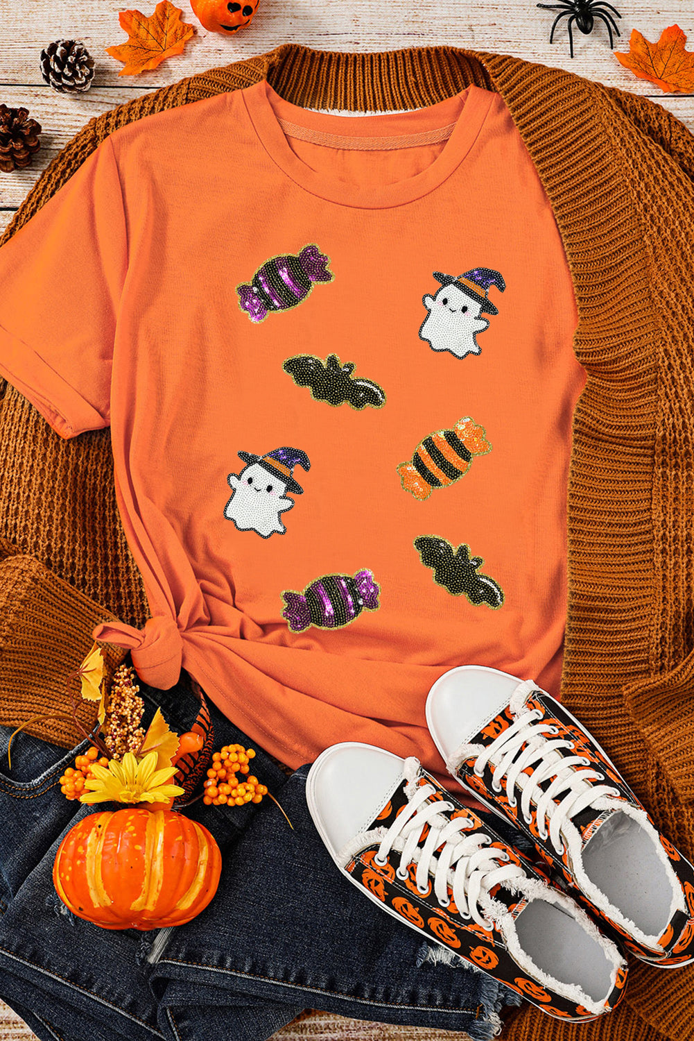 Sequined Halloween Spirit Pattern Patched Custom Casual Tee