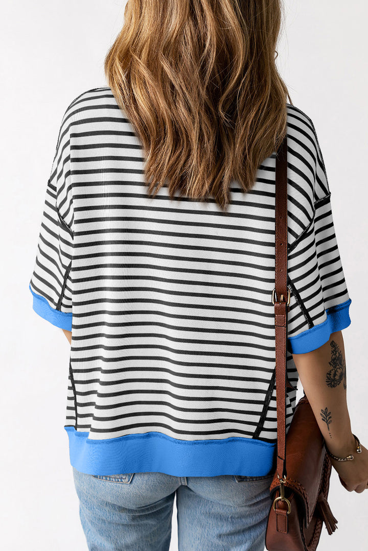 Stripe Oversized Contrast Trim Exposed Seam High Low T Shirt