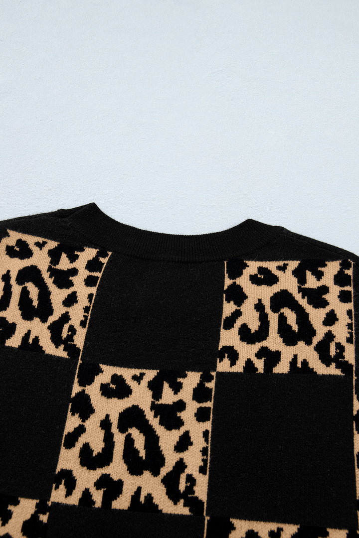 Leopard Checkerboard Short Sleeve Knit Sweater