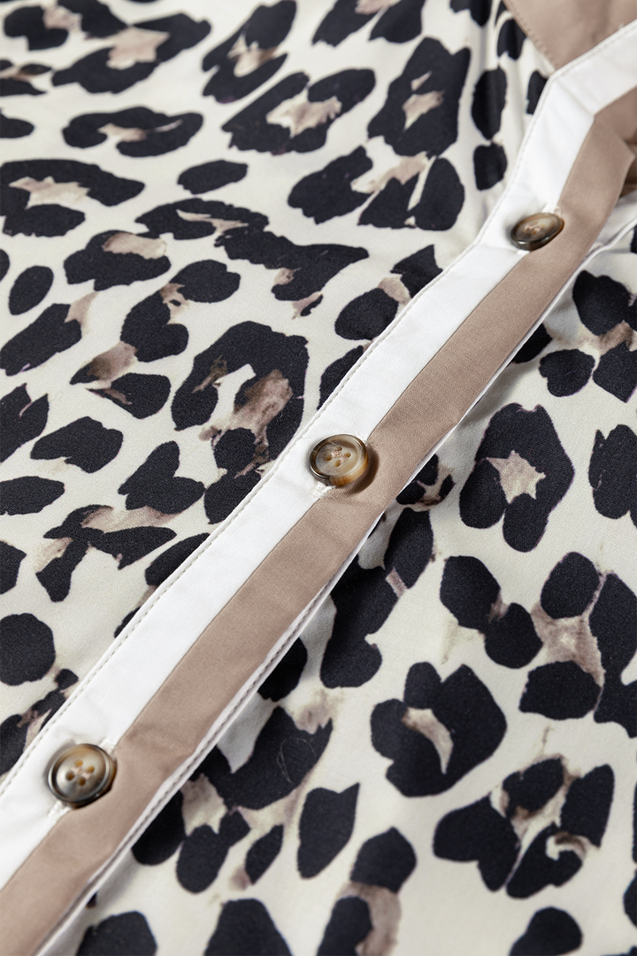 Multicolour Leopard Print Contrast Patchwork Cuffs Button Collared Top