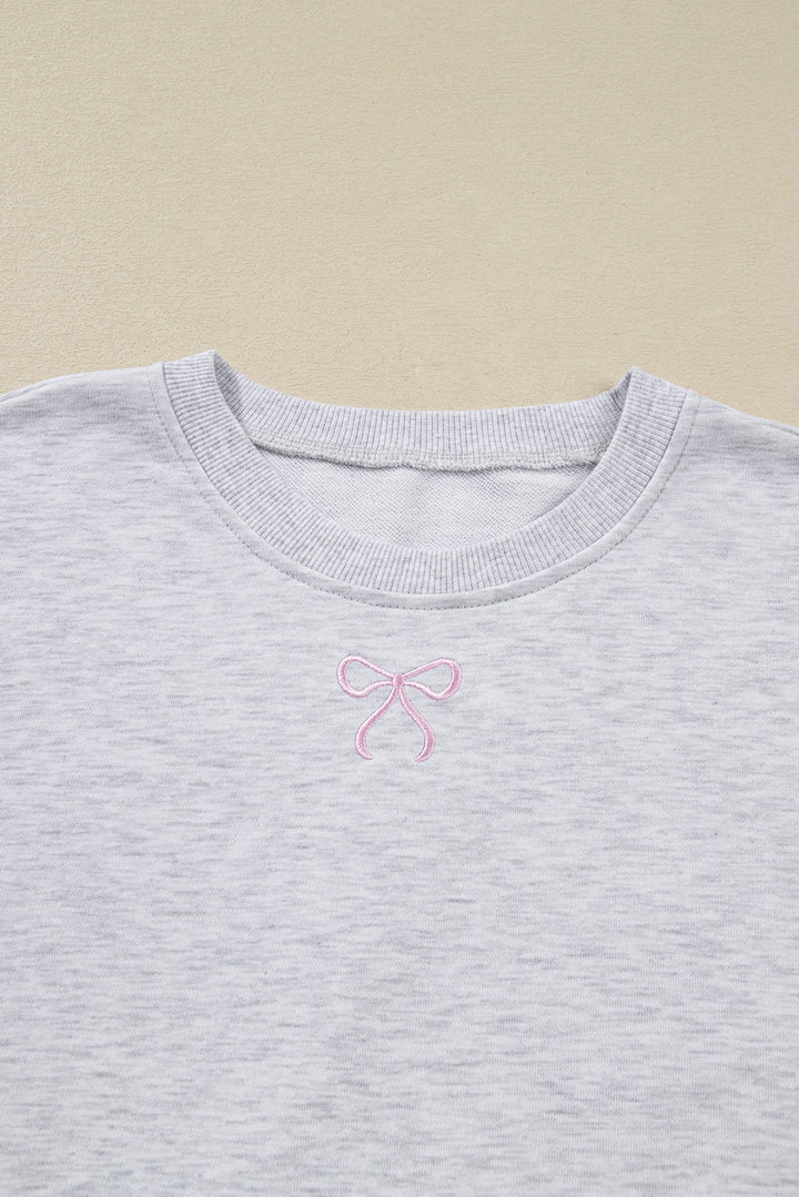 Light Grey Girly Bow Embroidered Puff Sleeve Pullover Loose Shorts Plus 2pcs Outfit