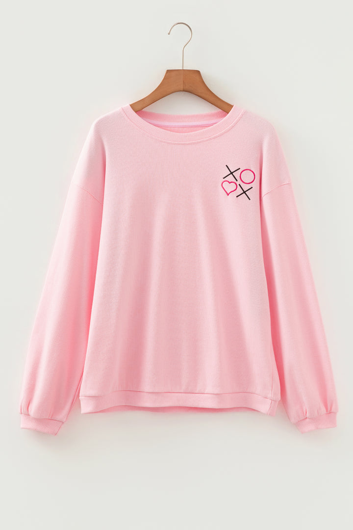 Pink 3d Ribbed XOXO Heart Embroidered Drop Shoulder Sweatshirt