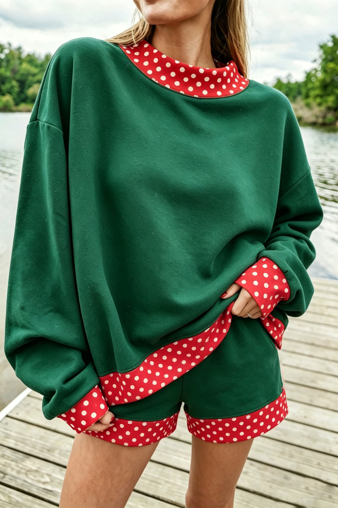 Polka Dot Trim Baggy Pullover 2pcs Short Set