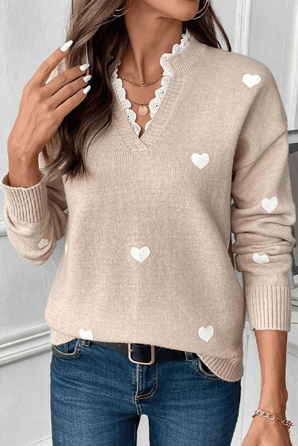 Front close-up of Smoke Gray Heart Print Lace Splicing V Neck Valentines Sweater featuring elegant lace detail and heart prints, ideal for Valentine's Day.