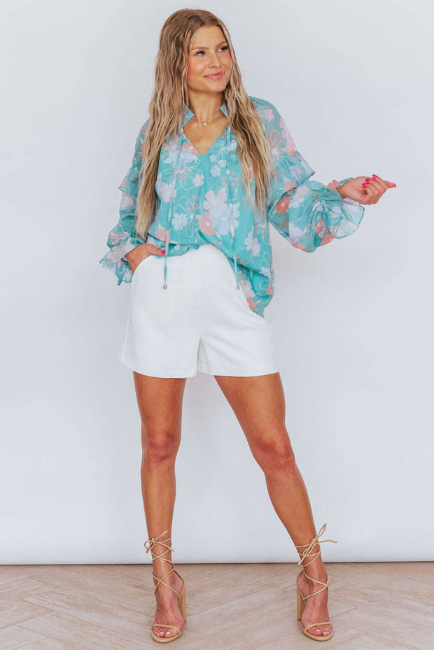Sky Blue Floral Puff Sleeve Blouse