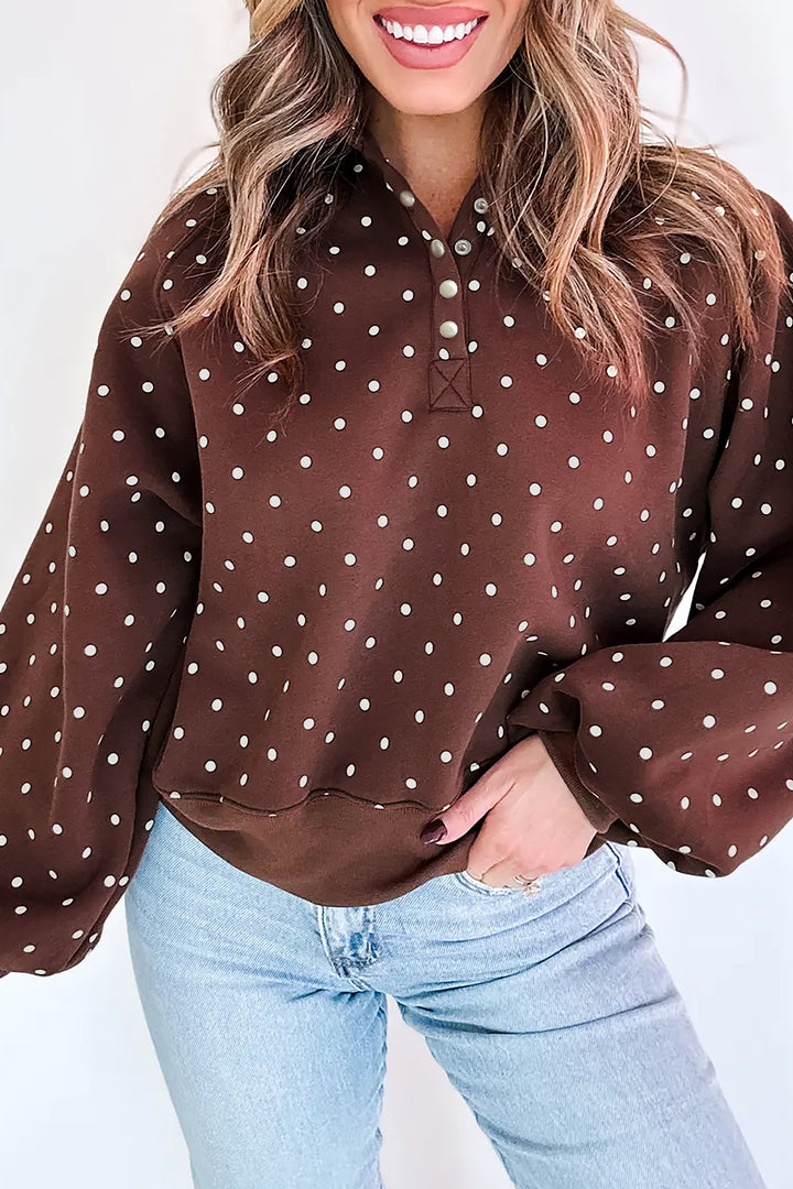 Polka Dot Print Metal Button Collar Casual Pullover Sweatshirt
