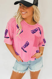 Pink Sequin Boots Graphic Crew Neck T Shirt