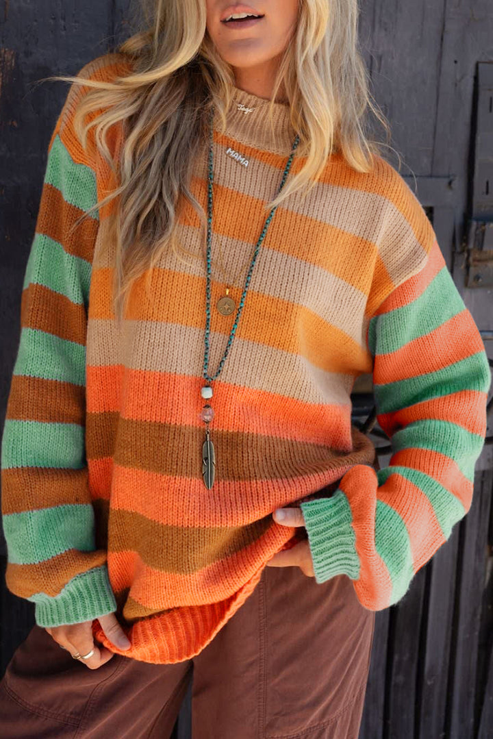 Orange Stripe Color Block High Neck Drop Shoulder Cozy Sweater