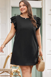 Black Plus Size Ruffle Sleeve Rib Textured Mini Dress -