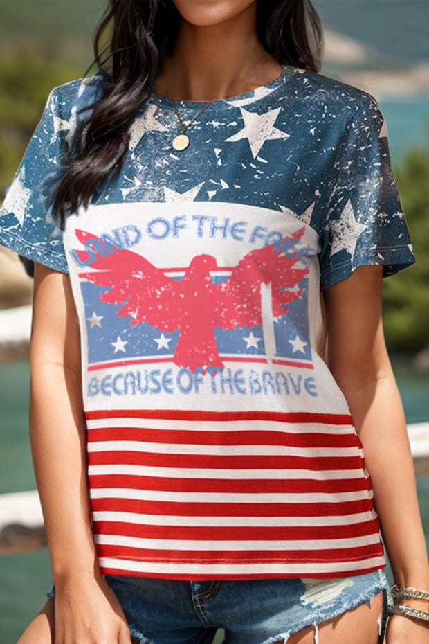 a woman wearing a patriotic t - shirt with an eagle on it