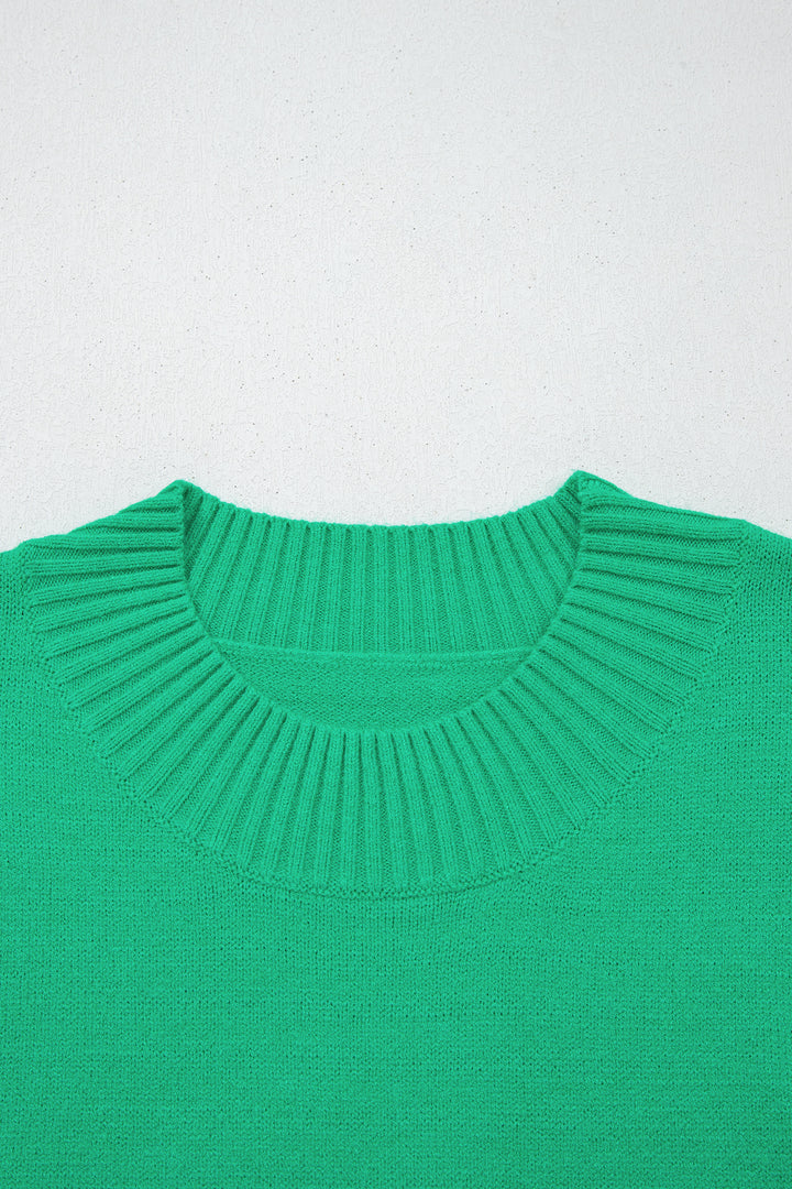 Solid Color Ribbed Trim Round Neck Ruffle Short Sleeve Sweater