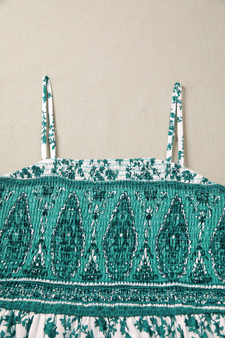 Green Boho Floral Print Shirred Cami Maxi Dress