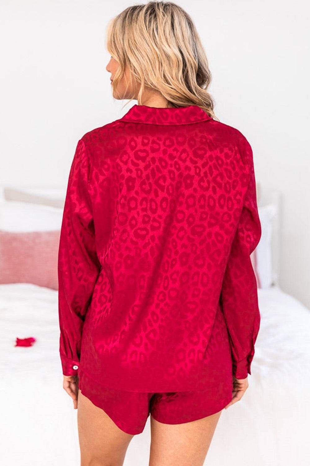 Red Leopard Satin Long Sleeve Top & Shorts Loungewear Set -