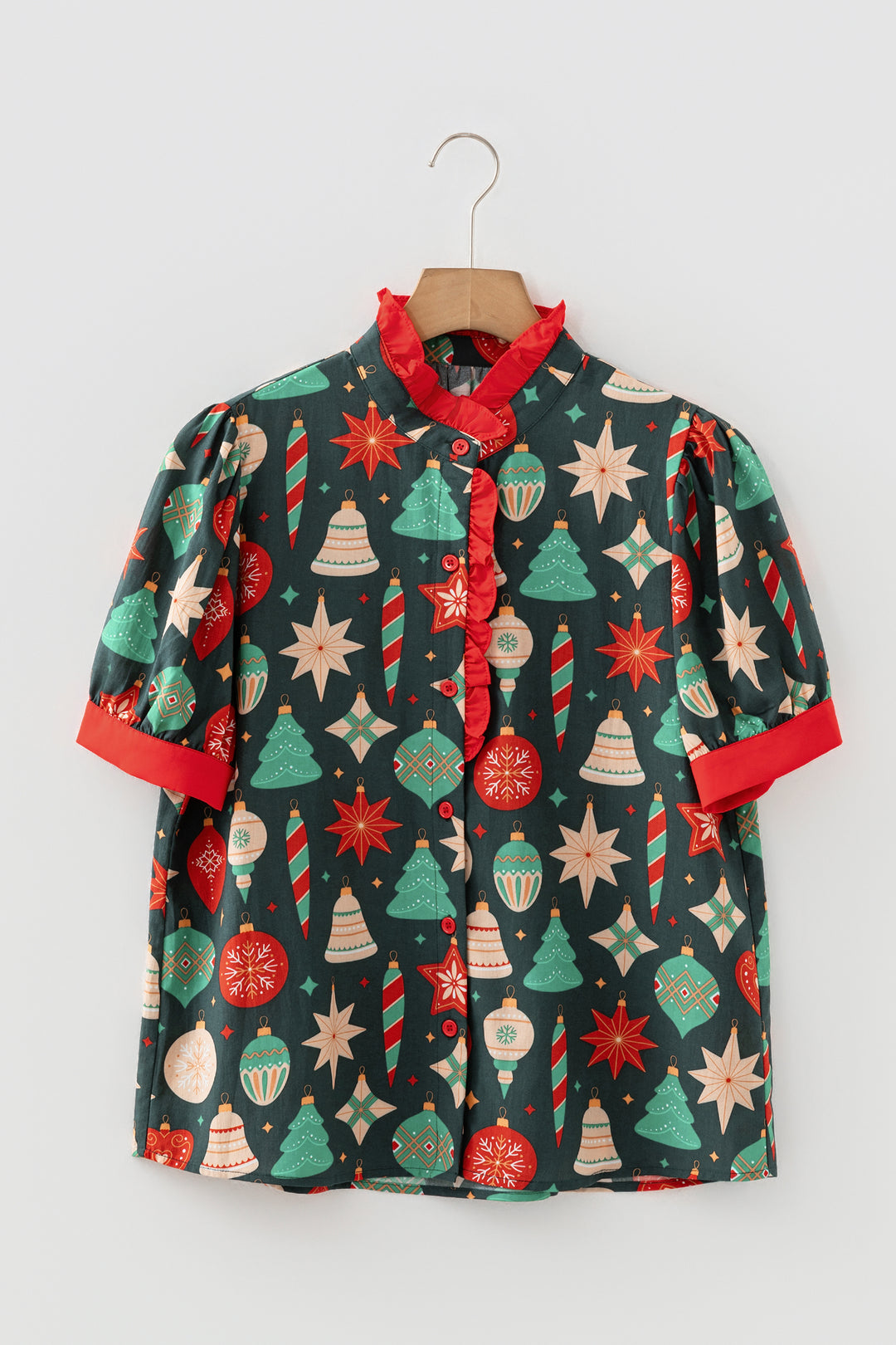 Green Christmas Fashion Print Contrast Trim Frilled Neck Short Sleeve Blouse