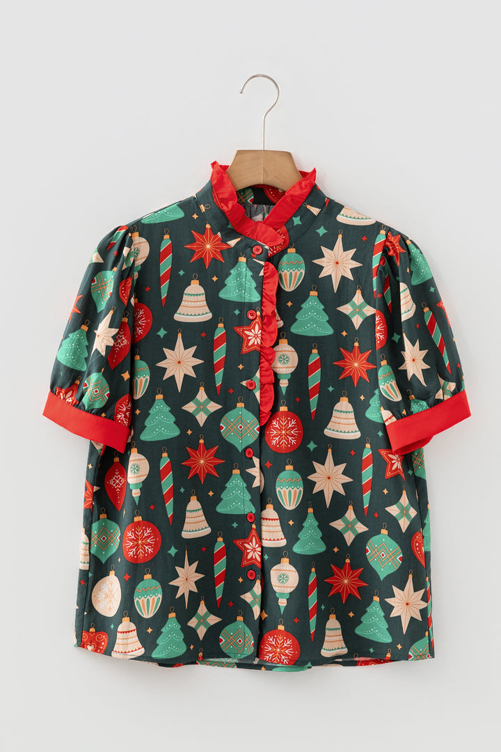 Green Christmas Fashion Print Contrast Trim Frilled Neck Short Sleeve Blouse