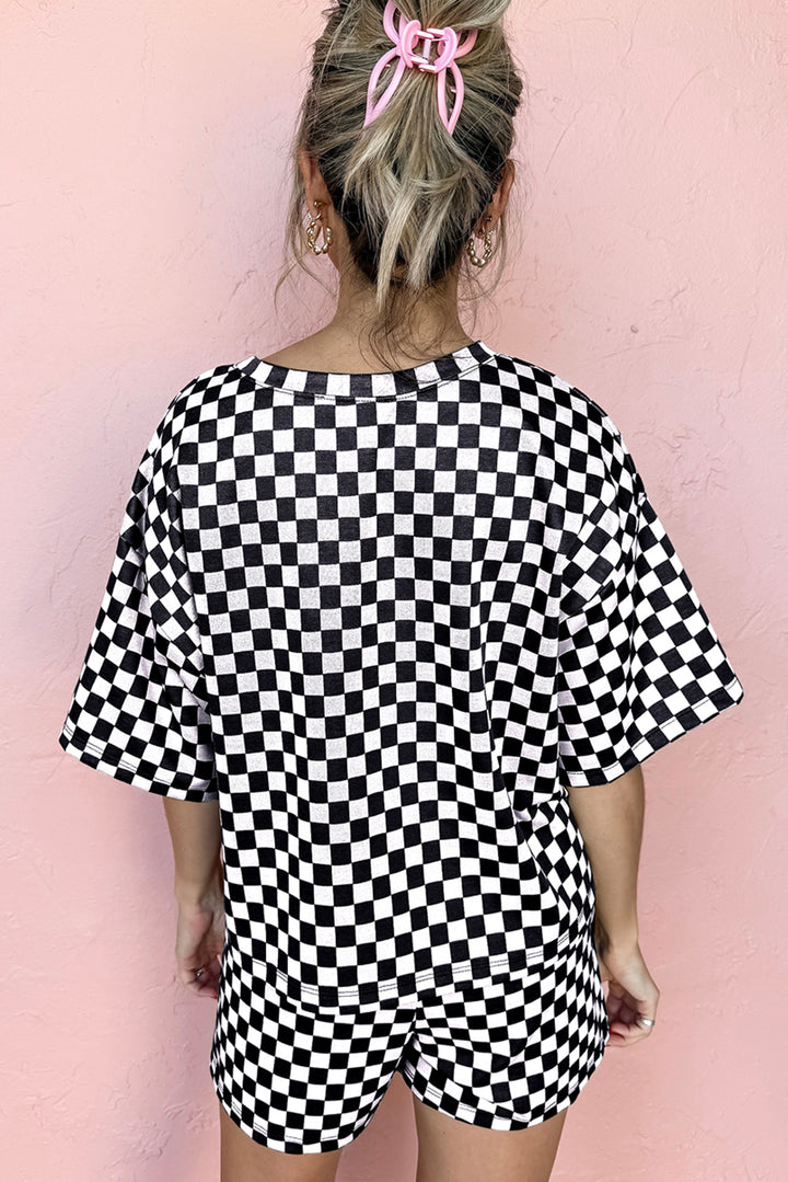 Rose Checkered Top and Drawstring Shorts Pajama Set