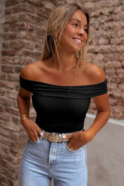 Black Solid Color Folded Off Shoulder Slim Shirt -
