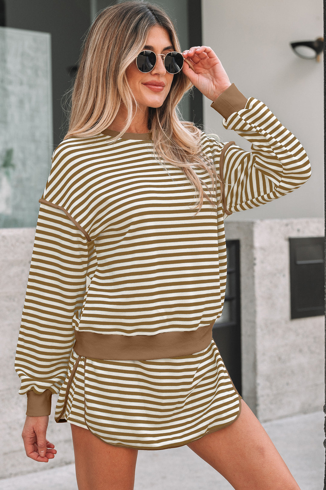 Brown Stripe Textured Drop Shoulder Pullover Top Drawstring Mini Skirt Two Piece Dress Set