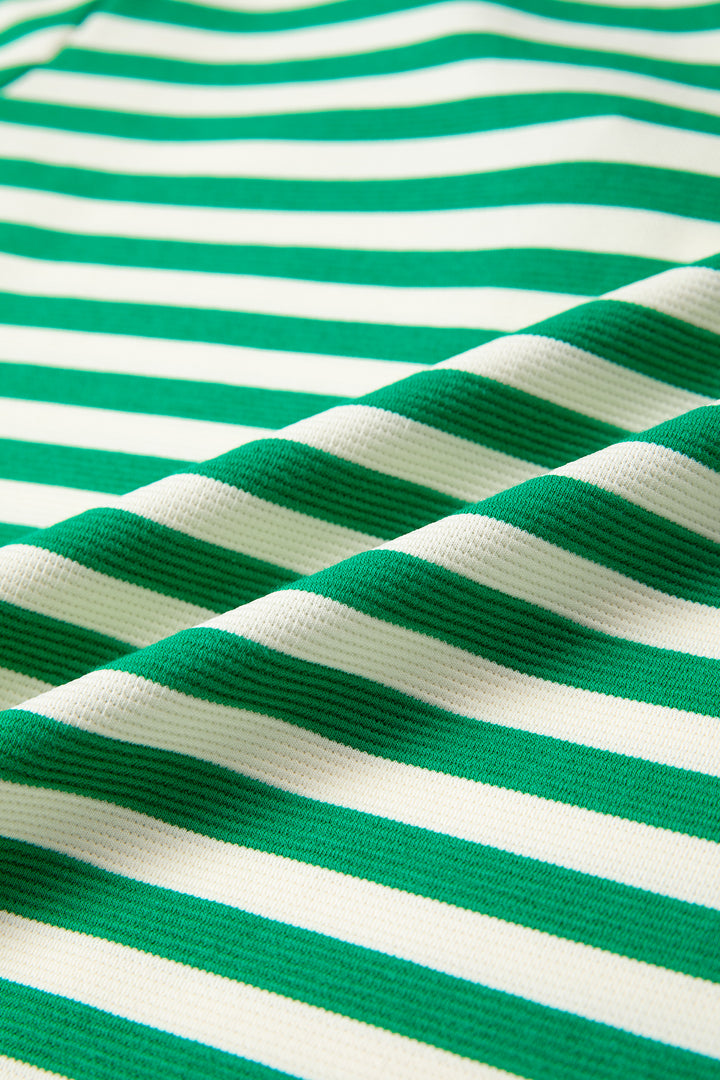 Stripe Contrast Trim Polo Collar Ruffled Short Sleeve Blouse