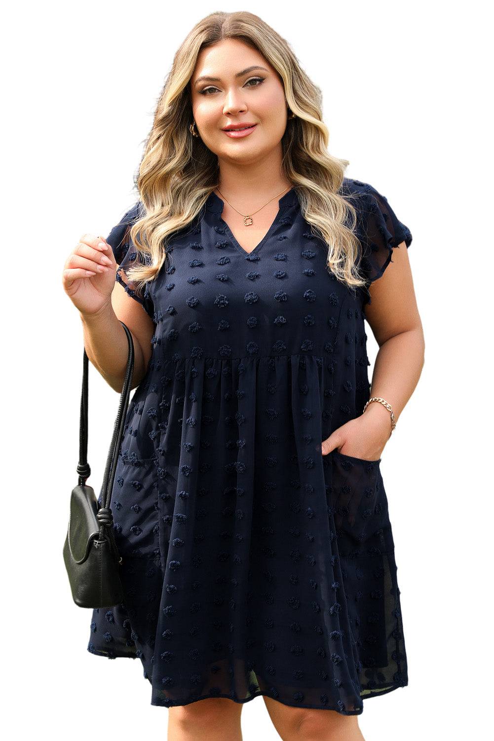 Isolated front view of Navy Blue Dotty Textured Notched Neck Plus Ruffled Dress on model, ideal for plus-size summer wardrobe.