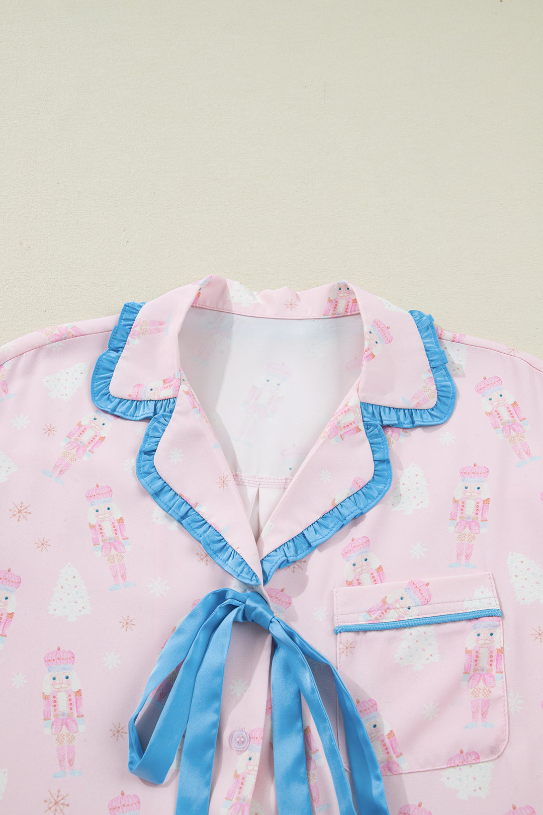 Pink Bow Tie Front Christmas Nutcracker Long Sleeve Shirt Shorts Pajama Set